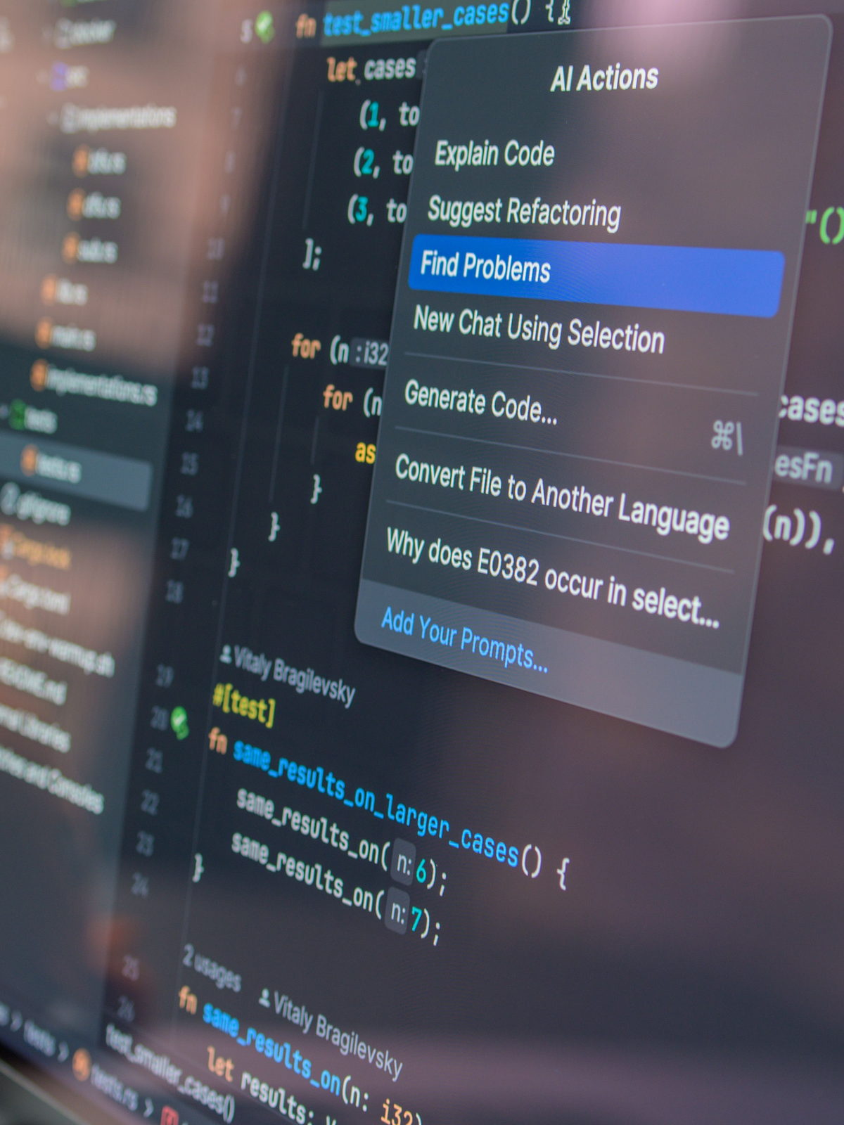 An AI assistant menu open over source code, offering to explain the code, suggest refactoring and find problems in the file