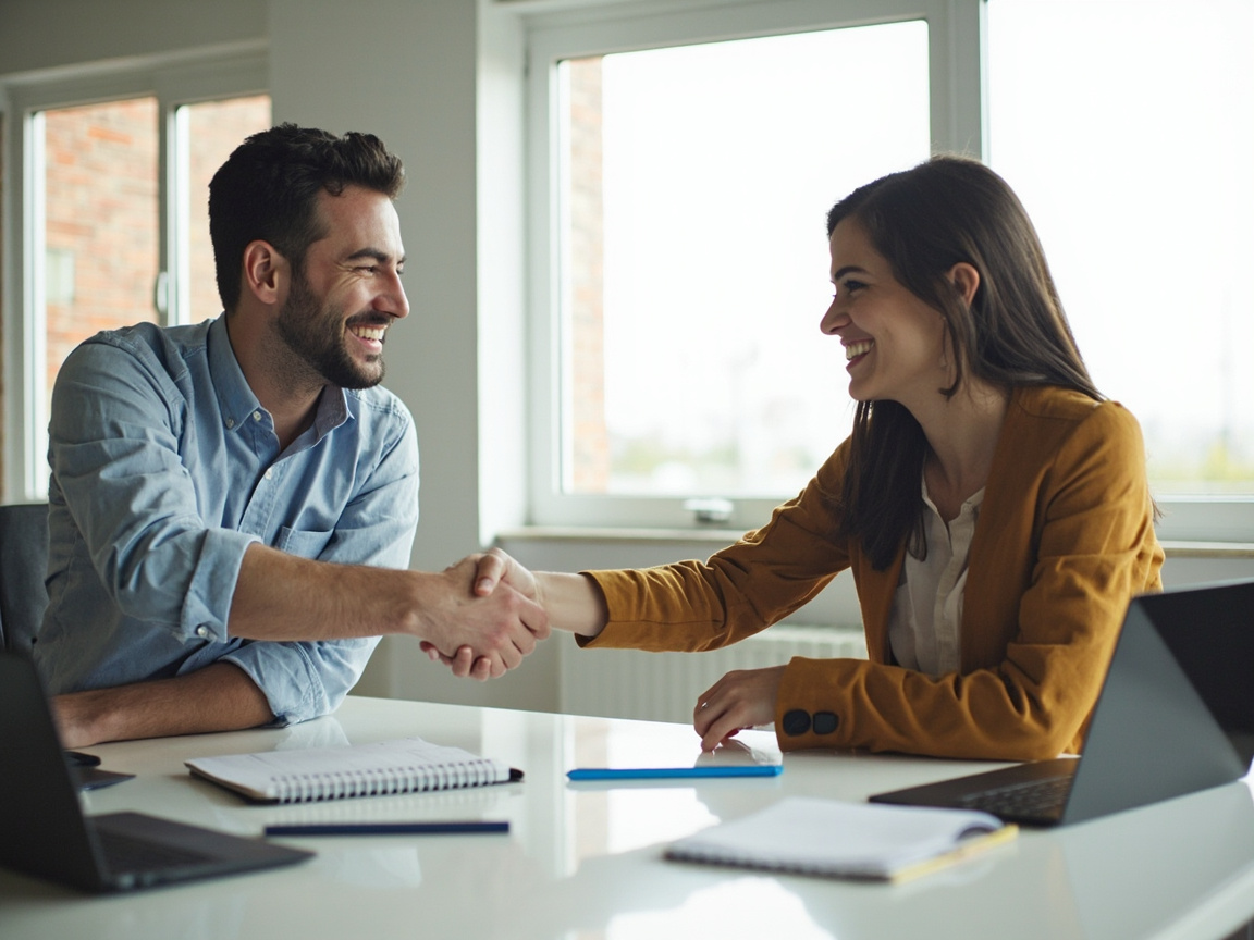 Business owner and content marketing agency team shaking hands after agreeing on a partnership