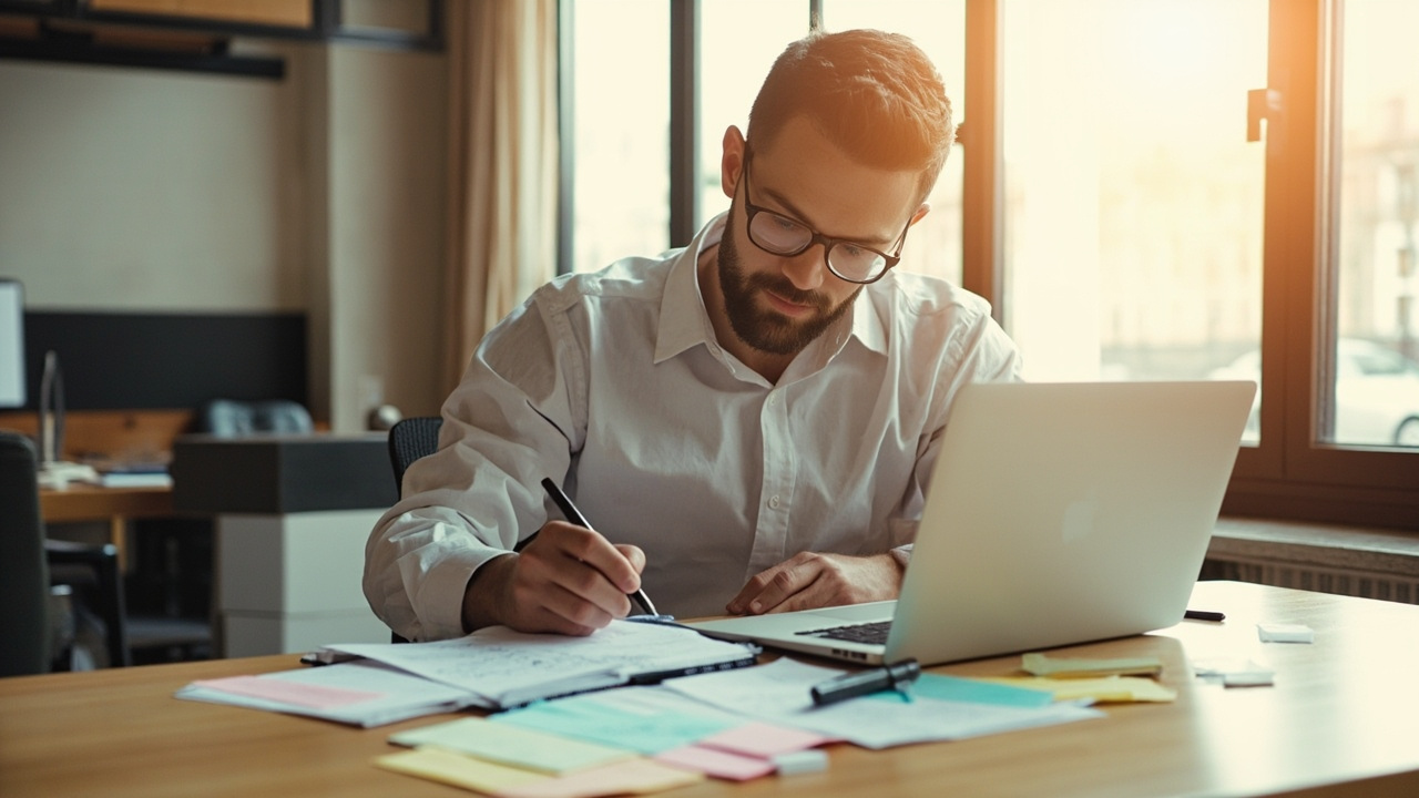 Small business owner building a content strategy with notes and a laptop at a bright office desk