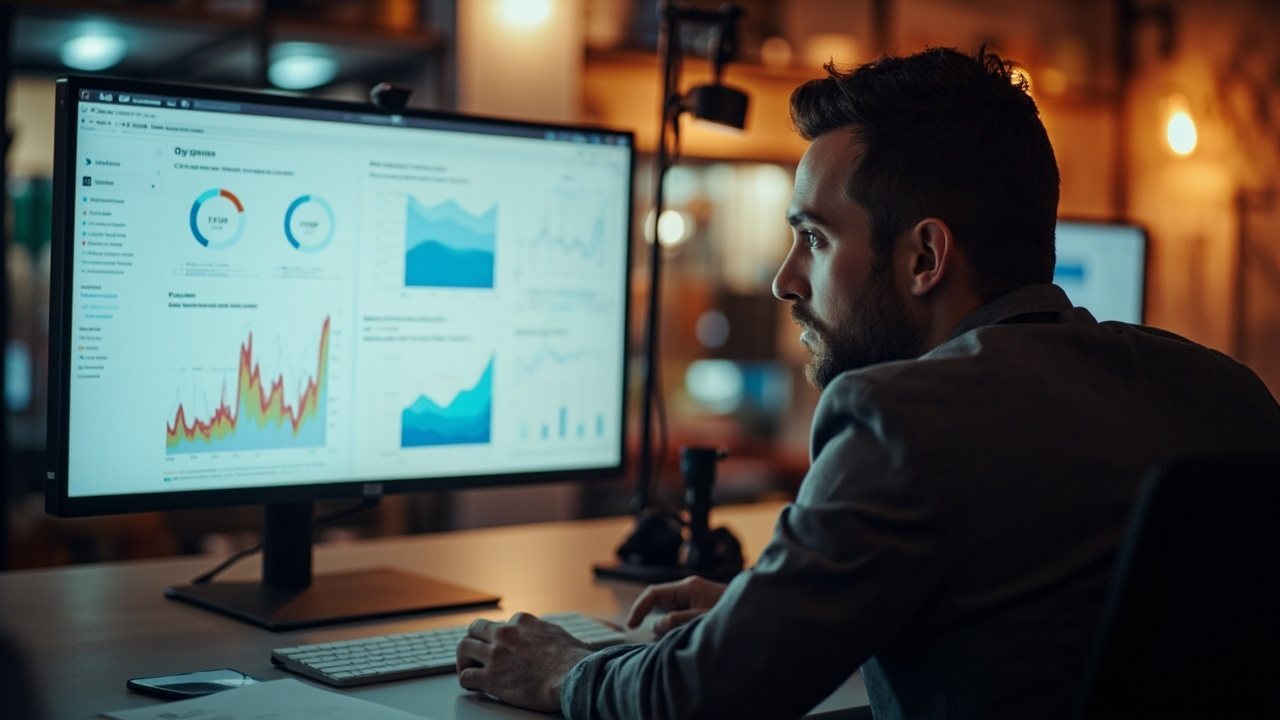 Marketing professional reviewing an SEO results timeline on an analytics dashboard