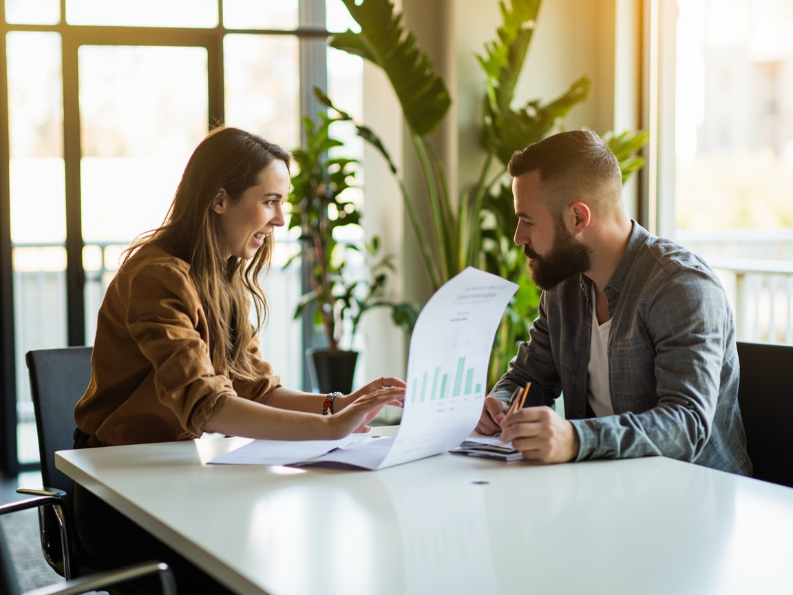 Two marketing agency professionals reviewing local SEO strategy together at a modern office conference table