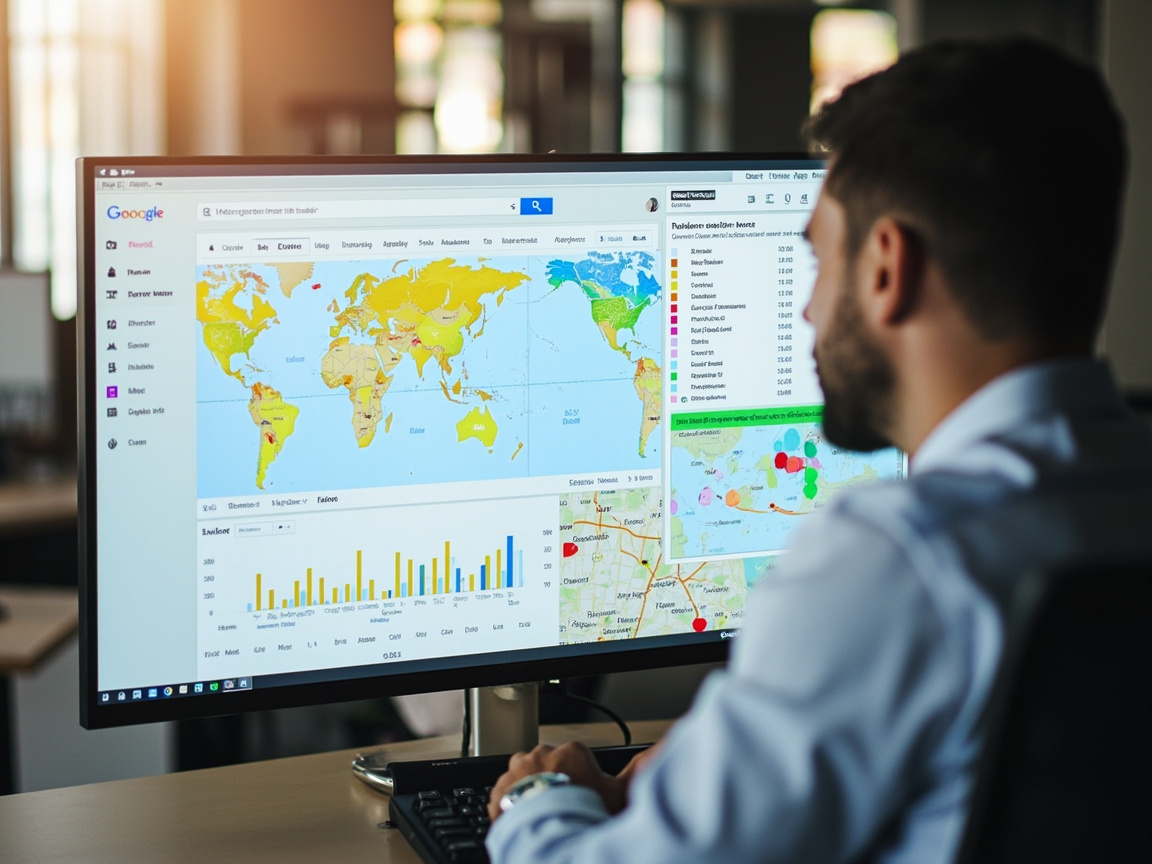 Digital marketer analyzing local SEO services performance data and ranking graphs on a monitor