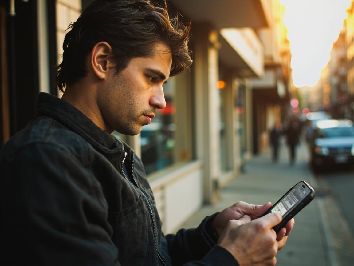 Person searching for a local SEO company near me on smartphone while standing on a small-business main street