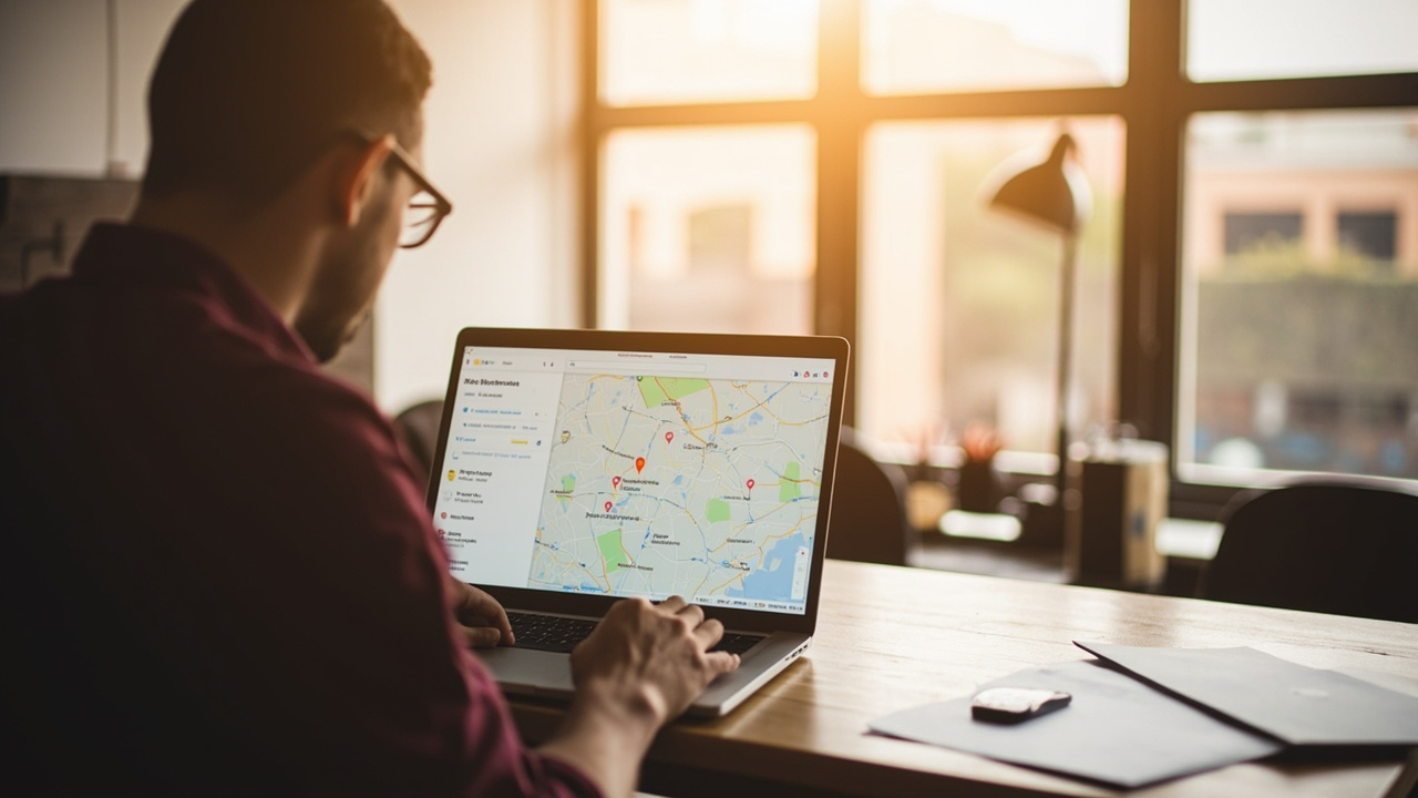 Small business owner reviewing local SEO services results on a laptop showing Google Maps listings