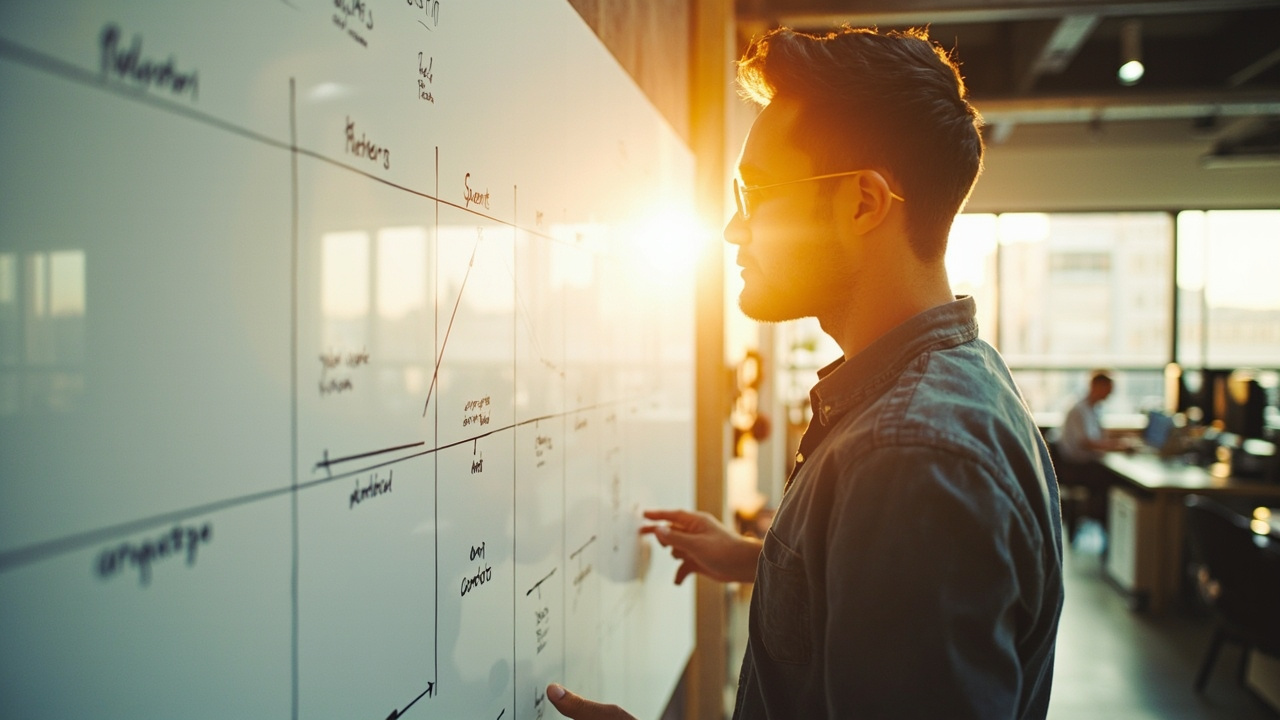 Marketing professional mapping out a strategy blueprint on a whiteboard before selecting channels