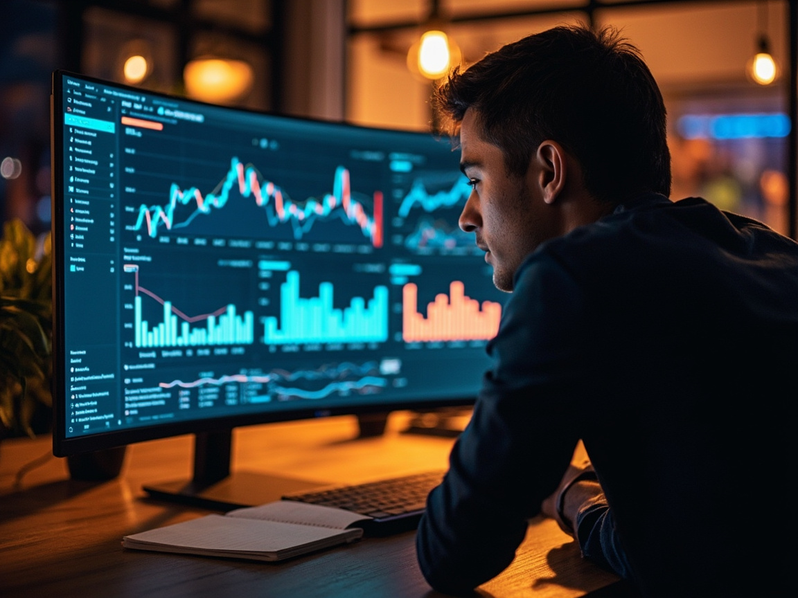 Marketer analyzing content strategy performance metrics and analytics on a computer monitor