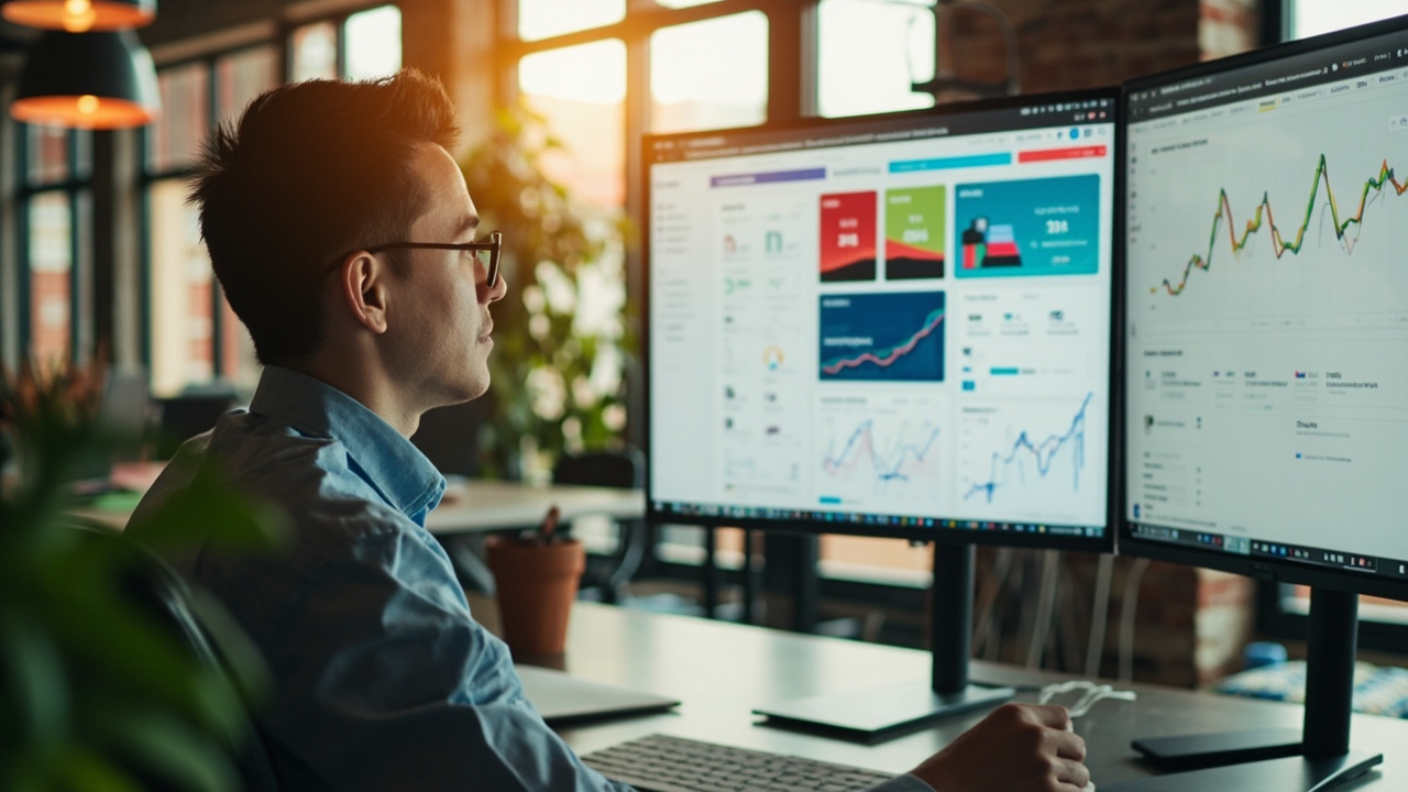 Marketing professional reviewing Meta Ads and paid social pipeline dashboards on a monitor
