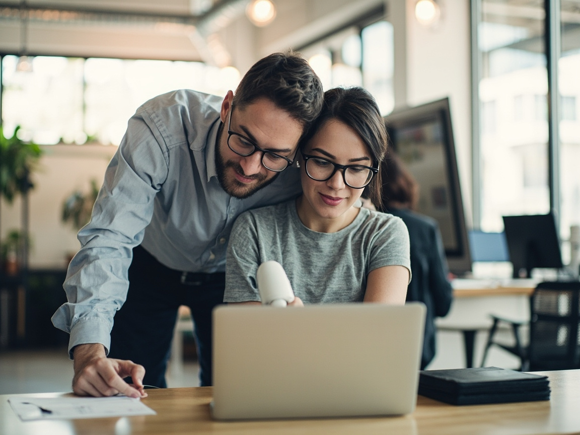 Two marketers reviewing cold lead generation outbound campaign metrics on a shared laptop screen