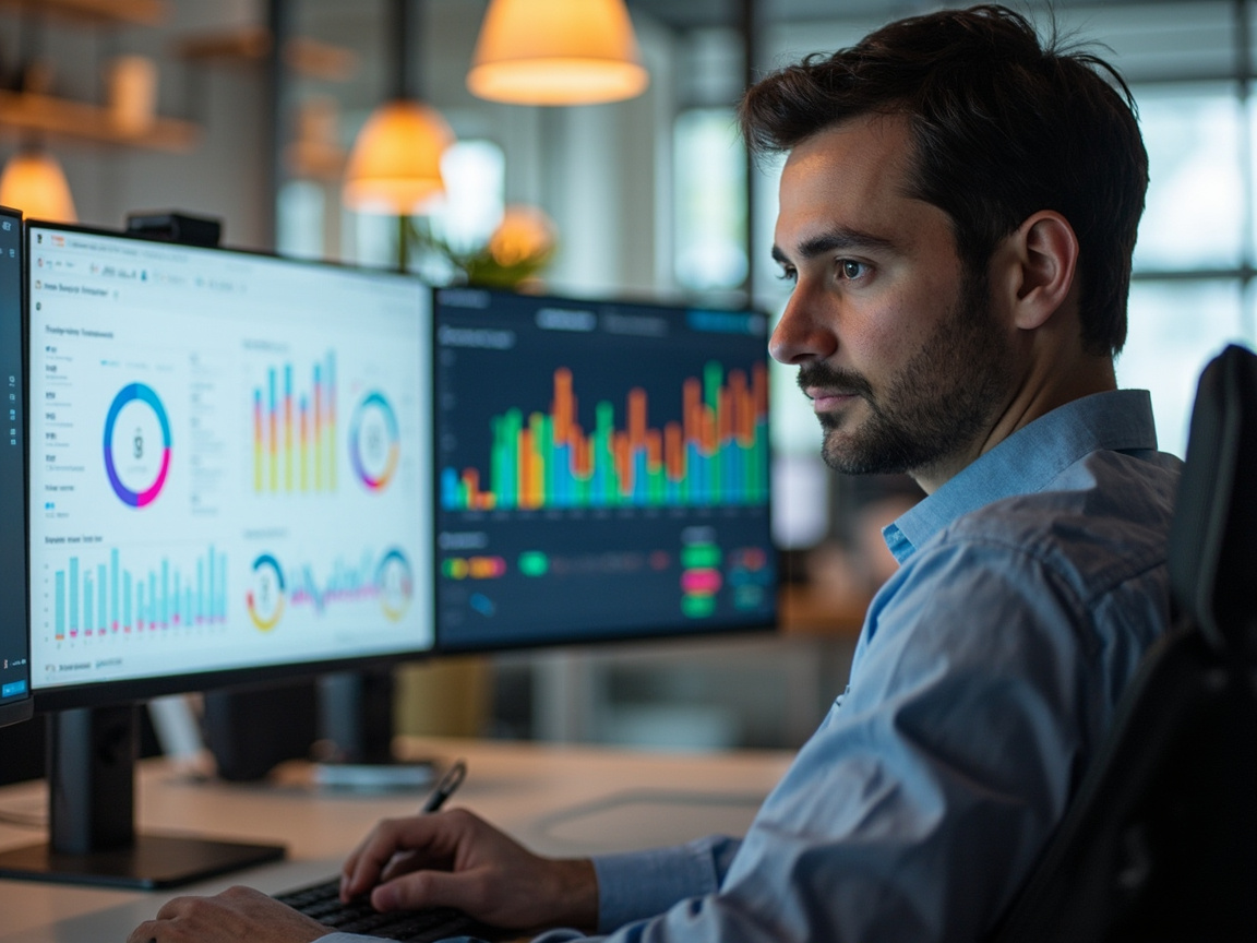 Marketing analyst reviewing paid social advertising analytics and campaign performance metrics on dual monitors