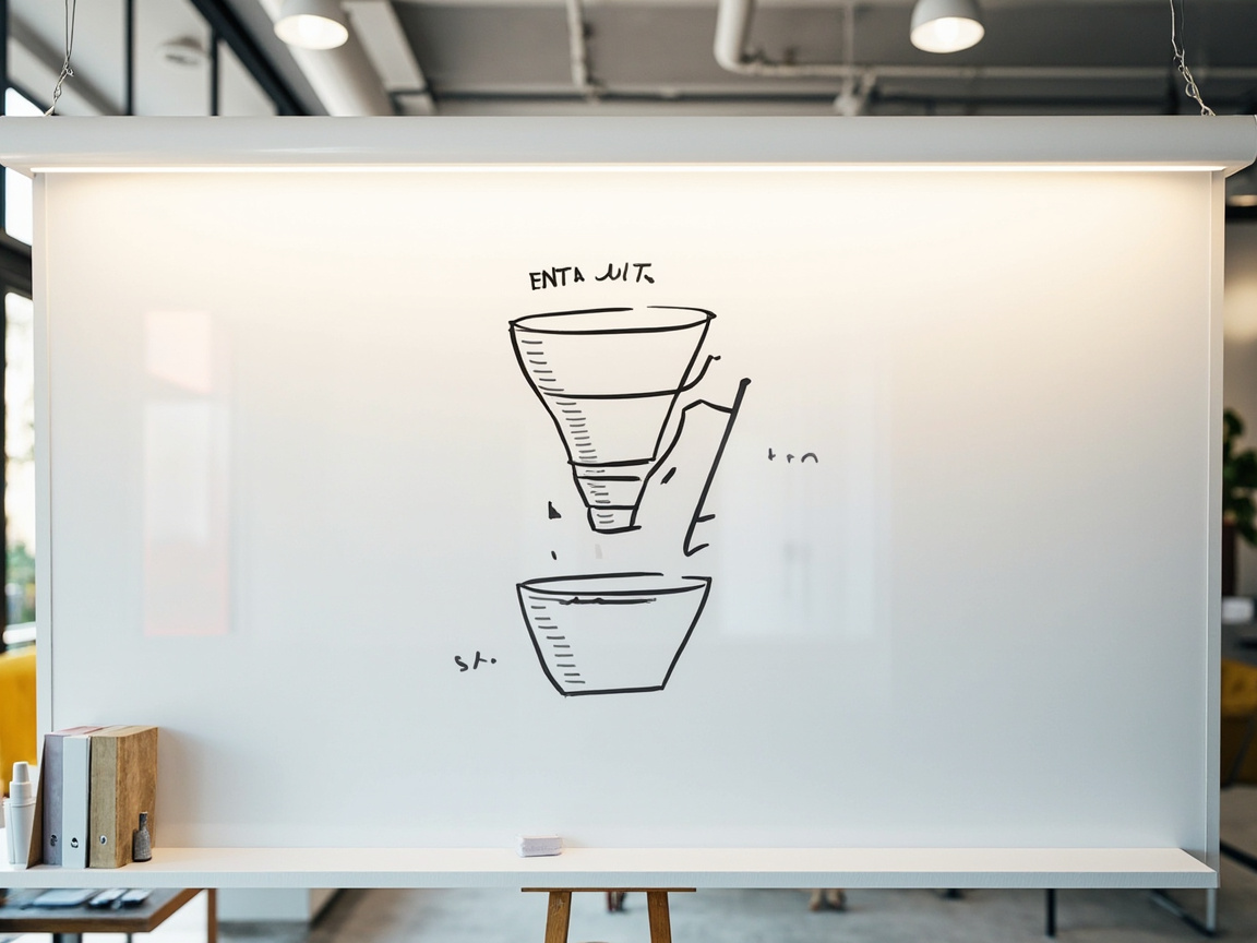 Three-stage paid social pipeline funnel diagram on a whiteboard in a modern marketing office