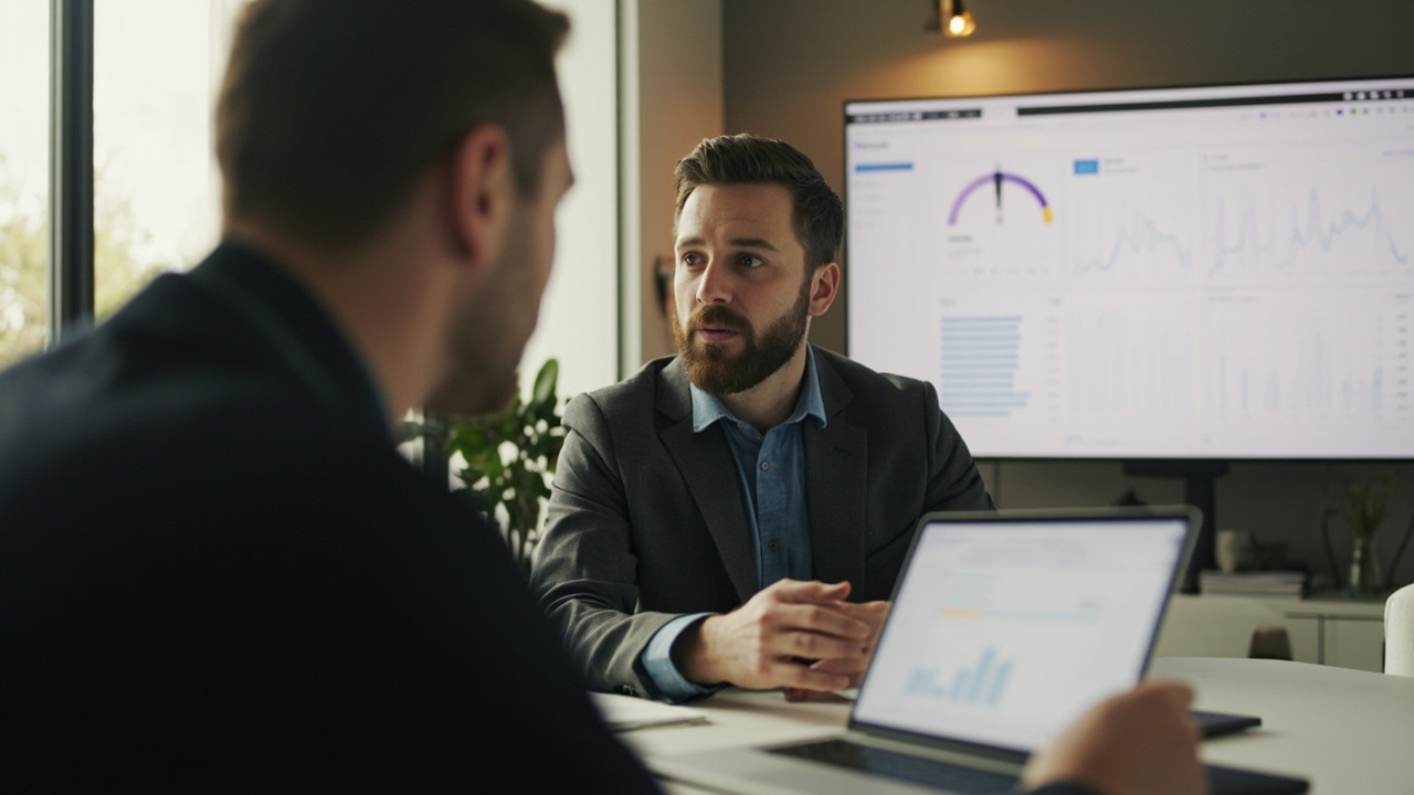 Small business owner consulting with an SEO company representative at a modern office meeting table