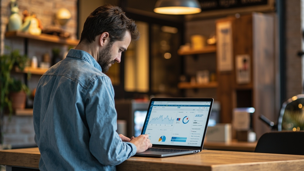Small business owner reviewing website performance while researching an SEO company for small business