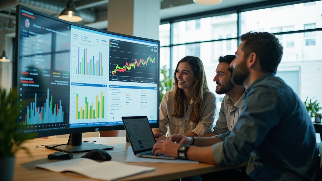 SEO company team collaborating over website analytics and keyword ranking charts on a large office monitor