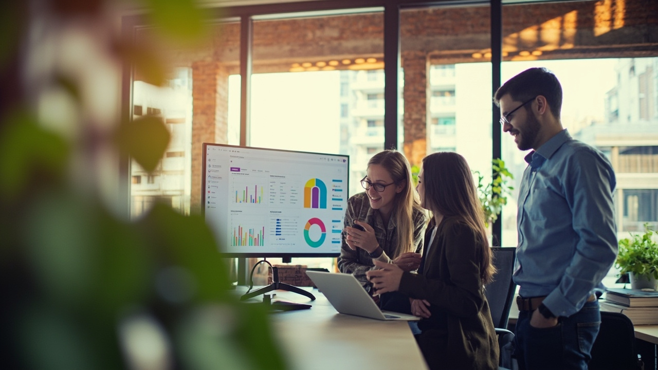 Marketing team at an SEO marketing agency reviewing analytics dashboards together
