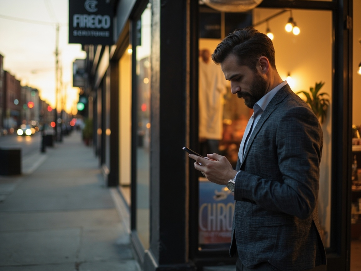 Small business owner outside their storefront checking local SEO search results on a smartphone