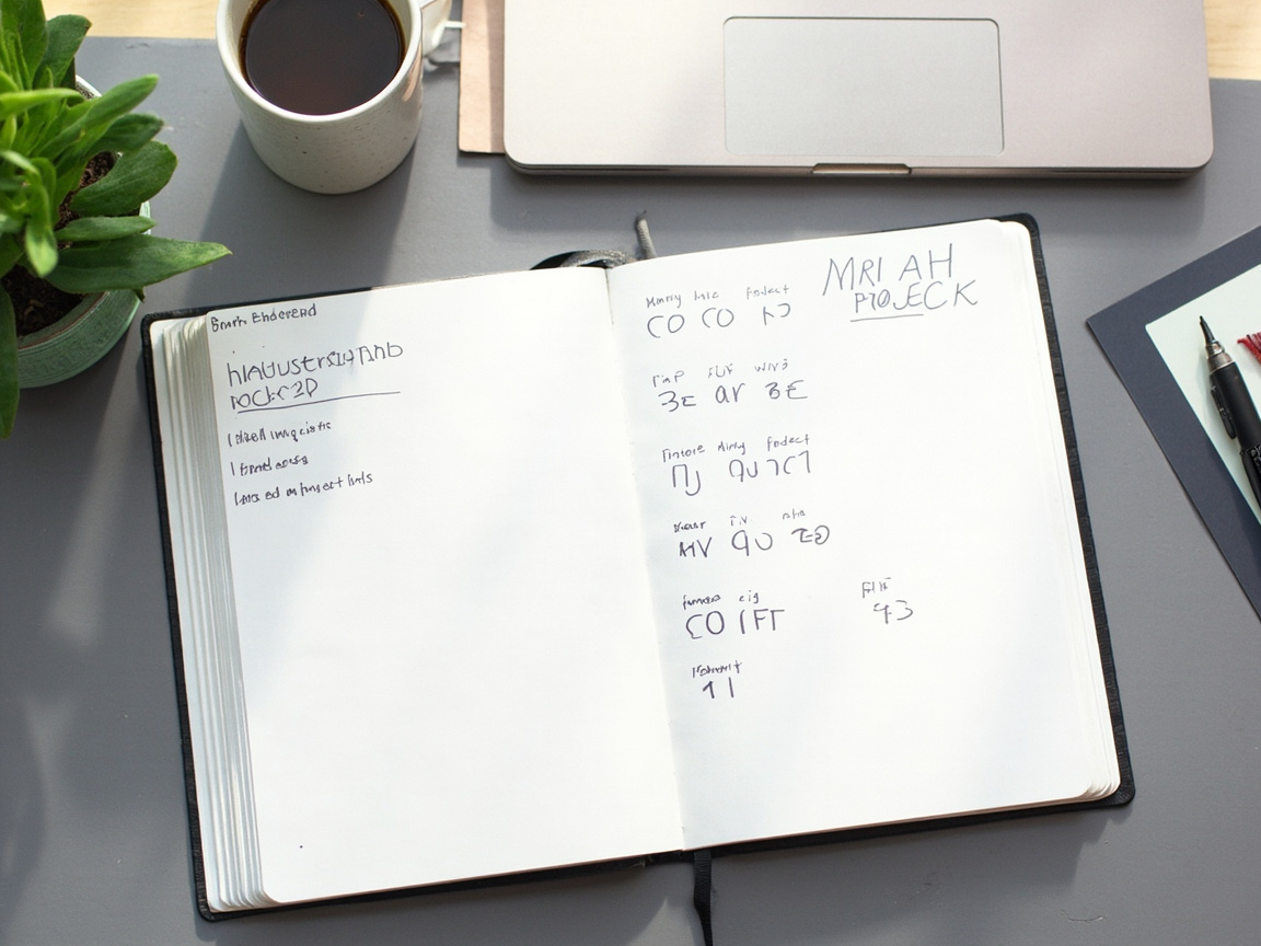 SEO timeline roadmap sketched in a notebook showing monthly milestones for search results