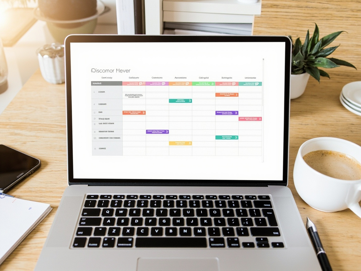 Small business content calendar spreadsheet open on a laptop with coffee and a pen on a desk