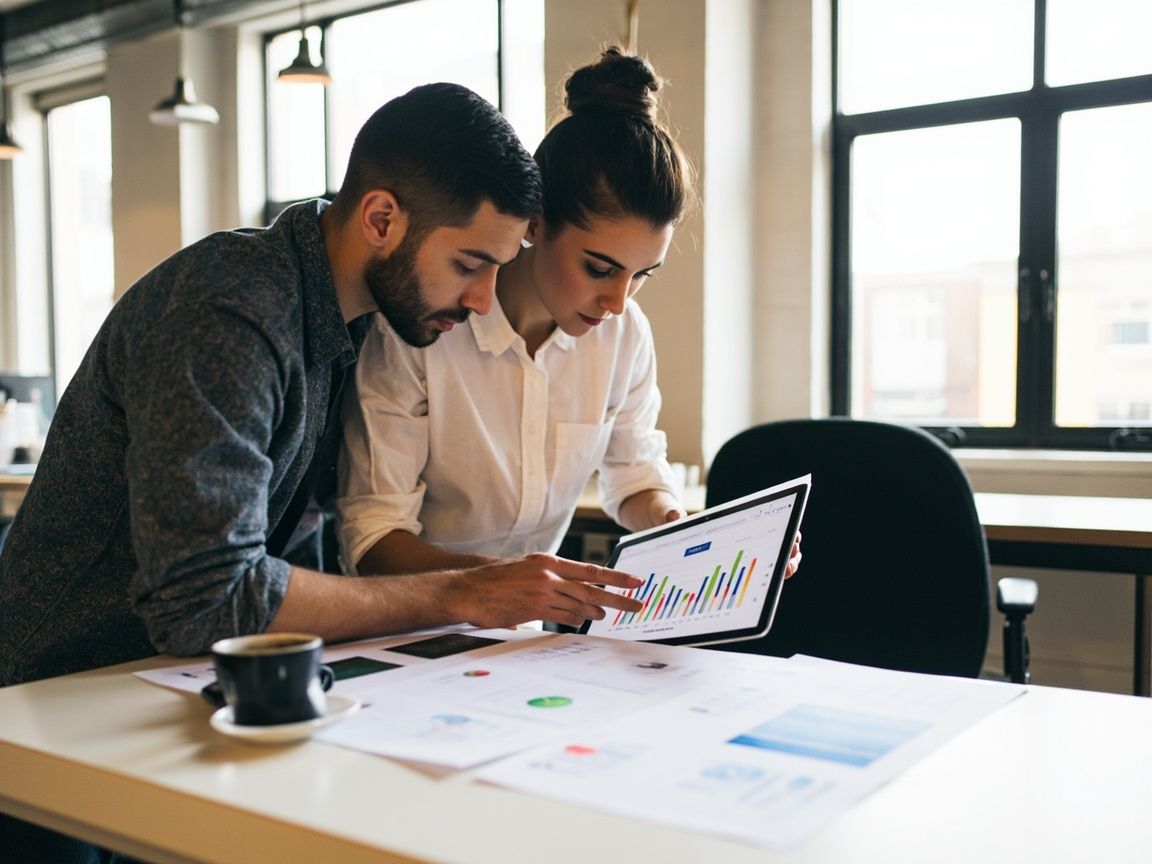 Marketing team planning a combined social media and SEO content strategy around a shared desk