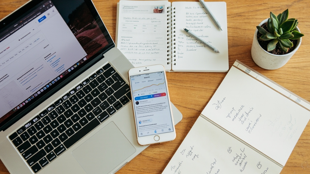 Laptop showing SEO search results and social media analytics dashboard side by side on a creative agency desk